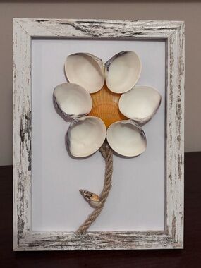 Artisan Framed Rustic Shell Flower Art in Neutral Tones